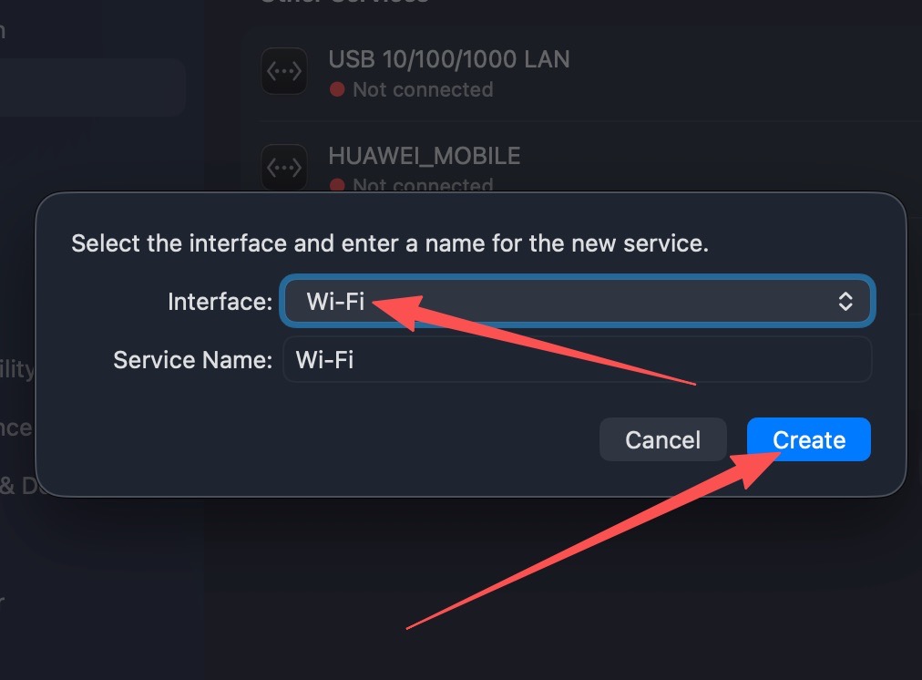 选择 Wi-Fi 接口并创建服务